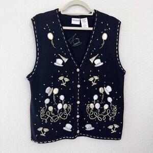 Bobbie Brooks Women Vintage New Years Eve NYE Sweater Vest Size L Beaded Embroid